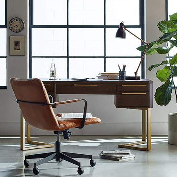 5-Drawer Walnut Writing Desk Large Computer Desk with Gold Base-Desks,Furniture,Office Furniture